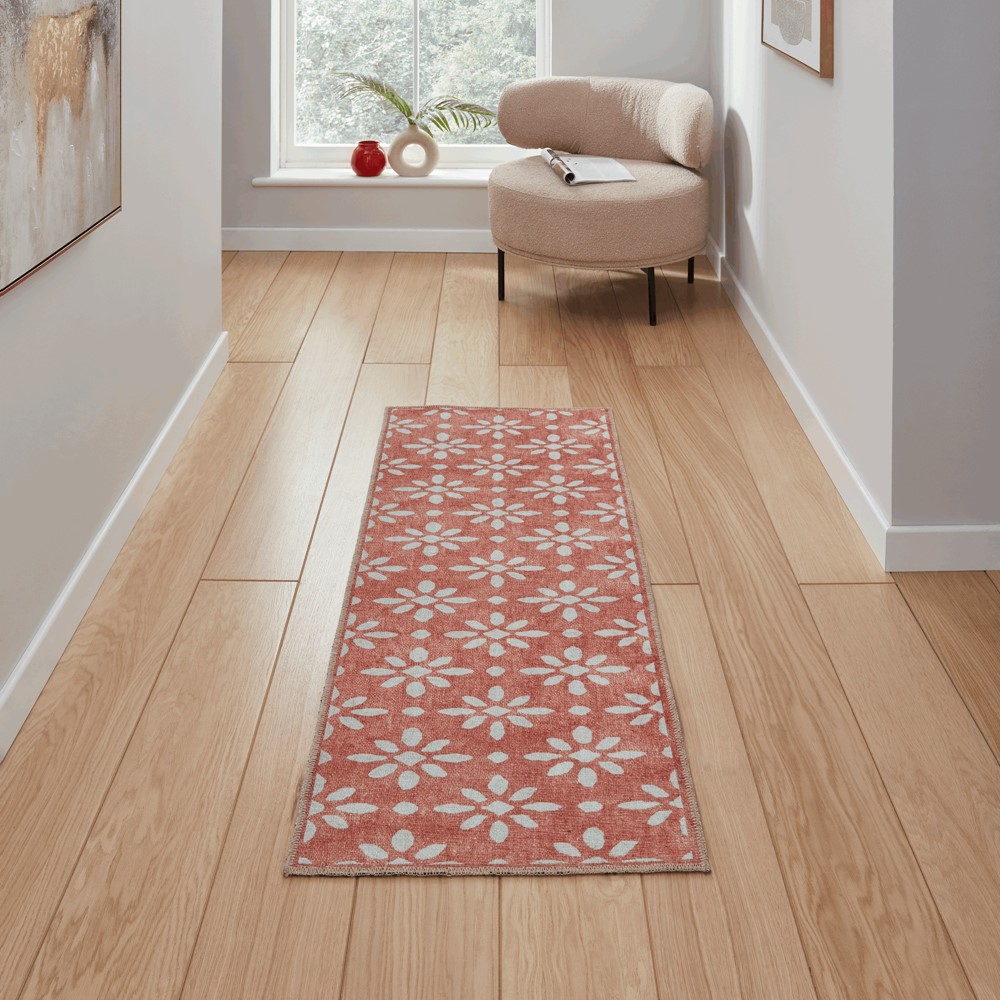 Coral H1062 Modern Washable Geometric Runner Rugs in Orange